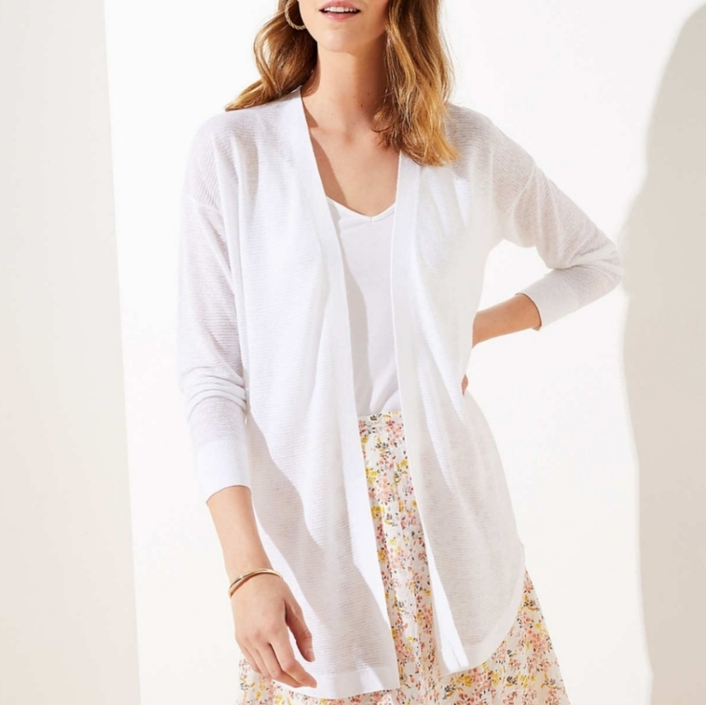 LOFT White Shirttail Open Front Lightweight Semi-Sheer Cardigan Size Large